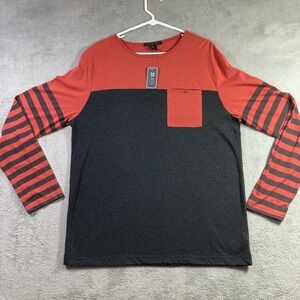21 Men Shirt Adult XL Color Block Striped Long Sleeve Pocket w Tag Red Charcoal